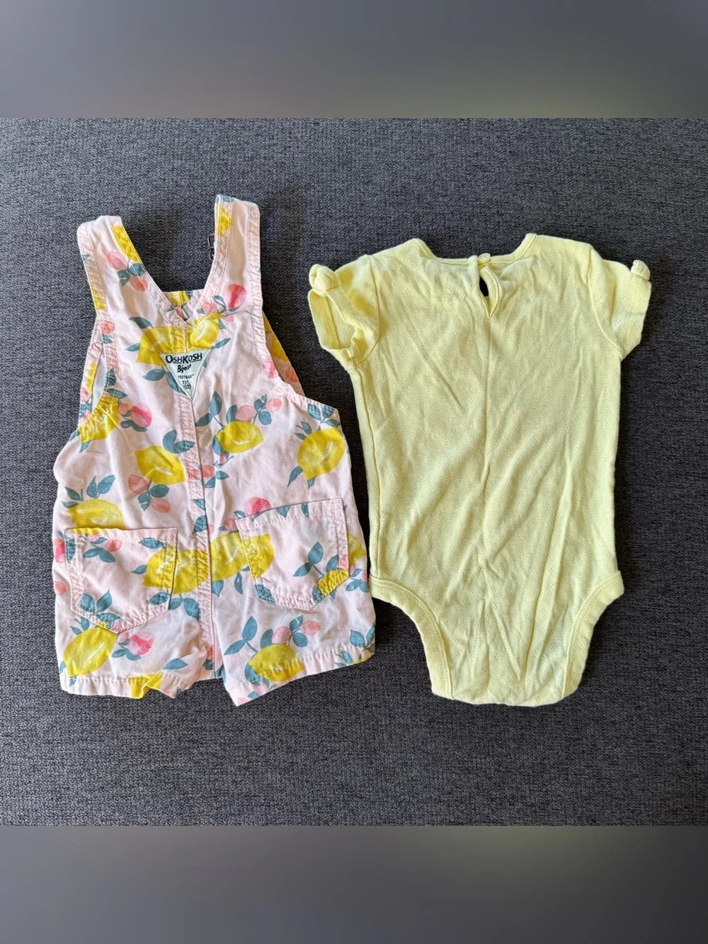 OshKosh Lemon Citrus Pink Overall Shortall Yellow Bodysuit Set Baby Girl 6M